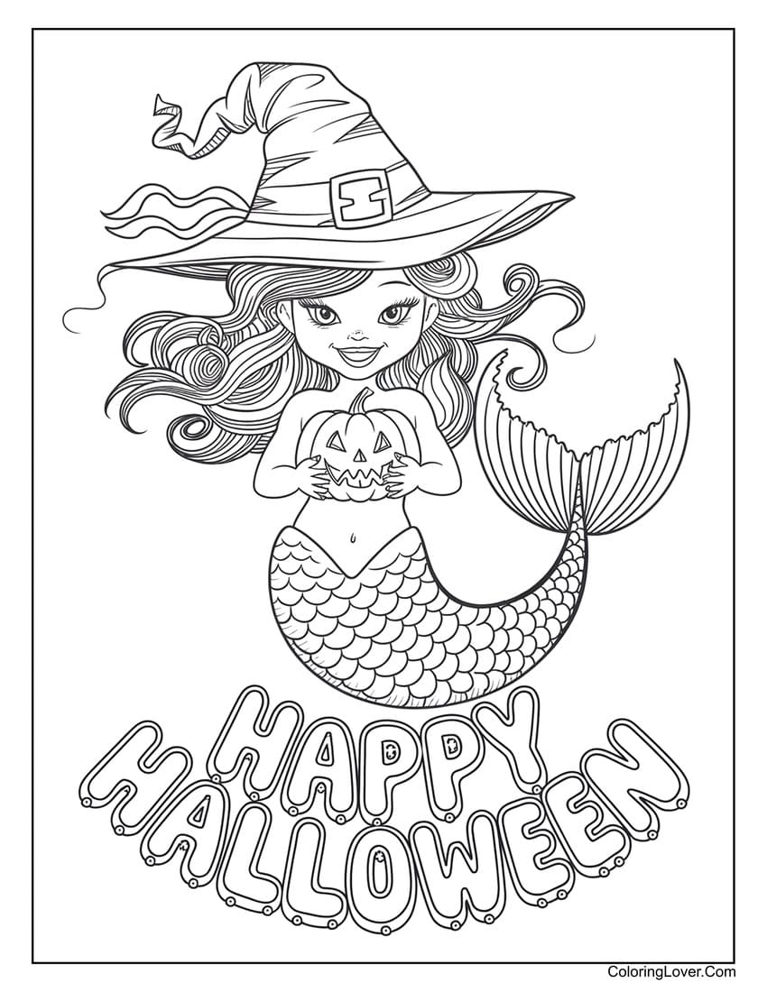 Mermaid with witch hat Halloween coloring page