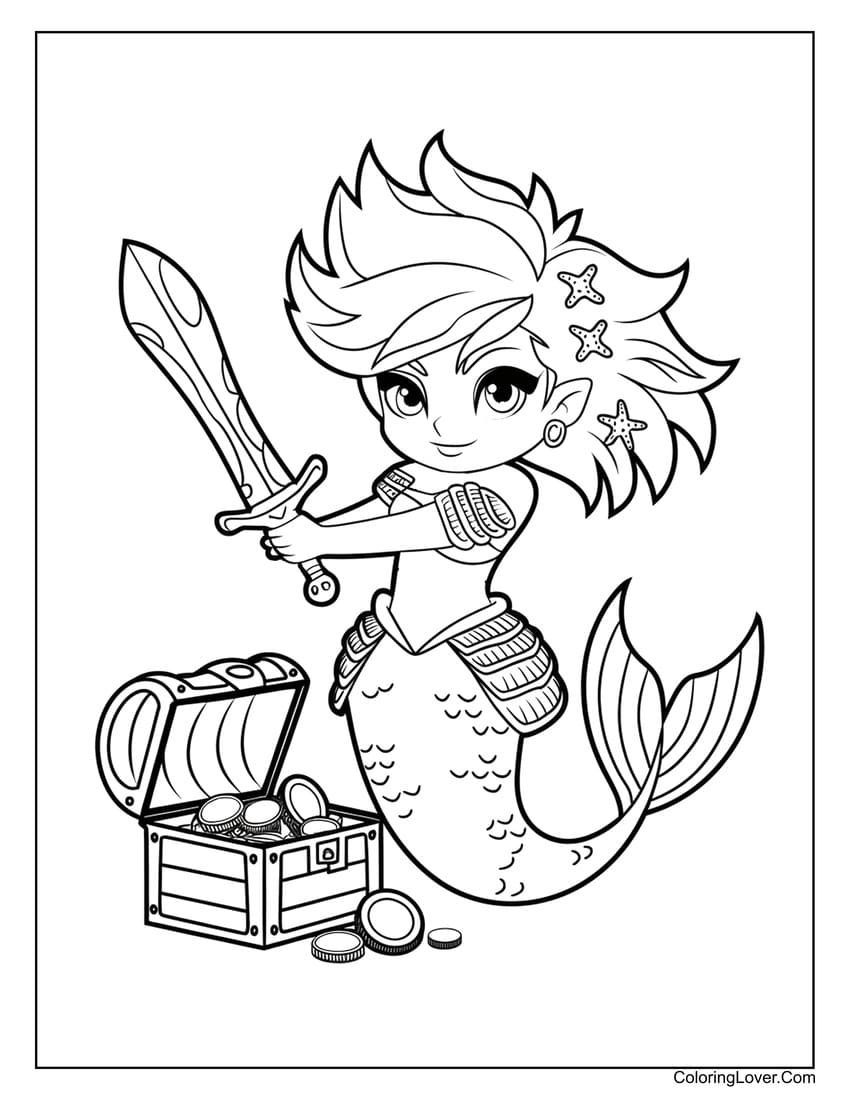 Pirate anime mermaid with treasure chest coloring page