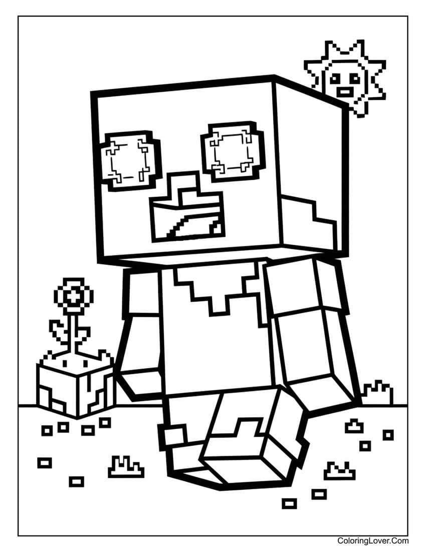 Pixel Minecraft character in the sun coloring page