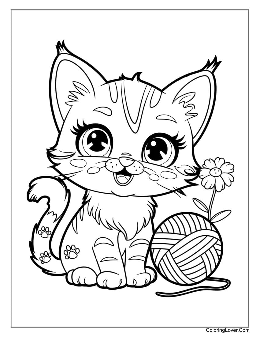 Playful cute cat coloring page with yarn ball