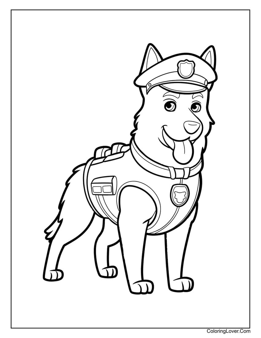 Police dog coloring page in uniform for kids