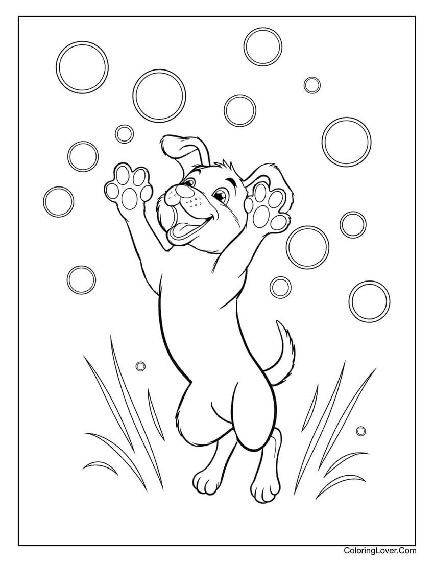 Puppy jumping with bubbles coloring sheet