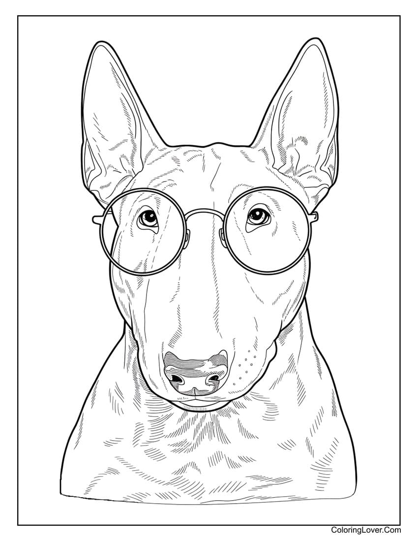 Realistic bull terrier with glasses coloring page for adults