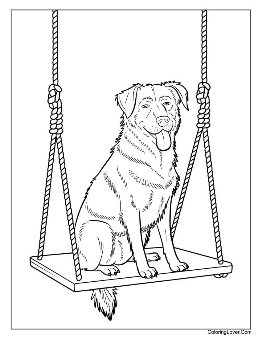 Realistic dog sitting on swing coloring sheet for adults