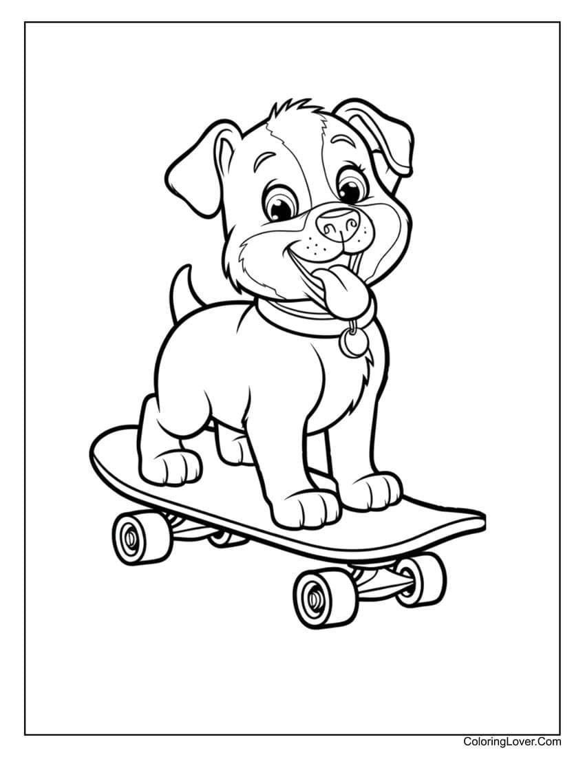 Skateboarding puppy coloring page for kids