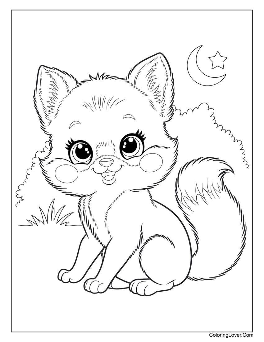 Smiling cute fox coloring page under starry night