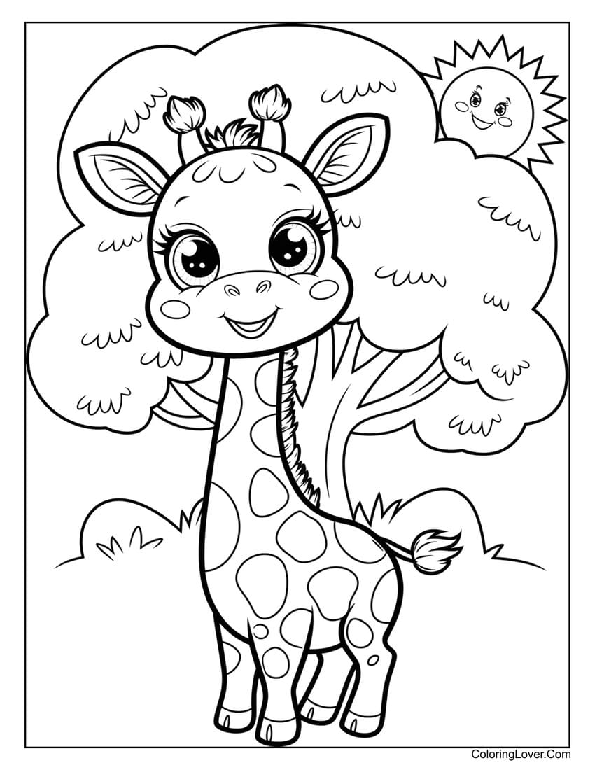 Smiling cute giraffe coloring page for kids