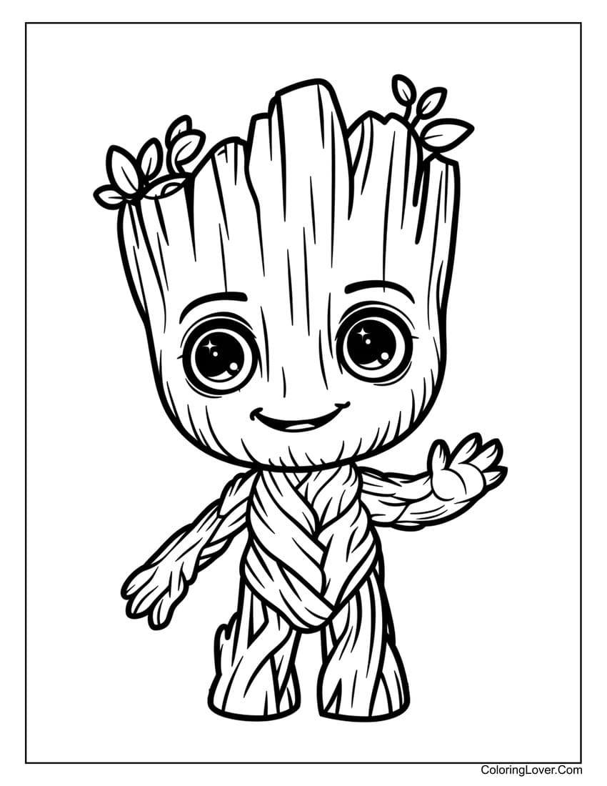 Smiling Groot tree character coloring page