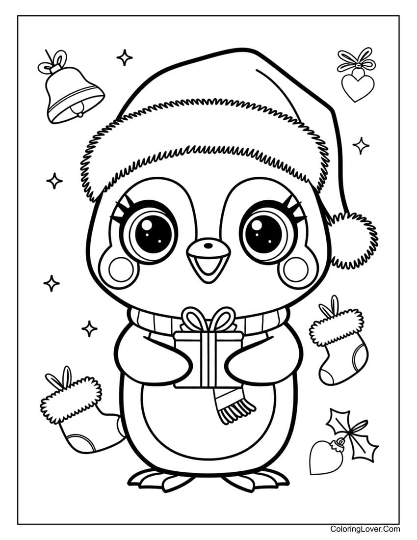 Smiling penguin holding gift coloring page for kids