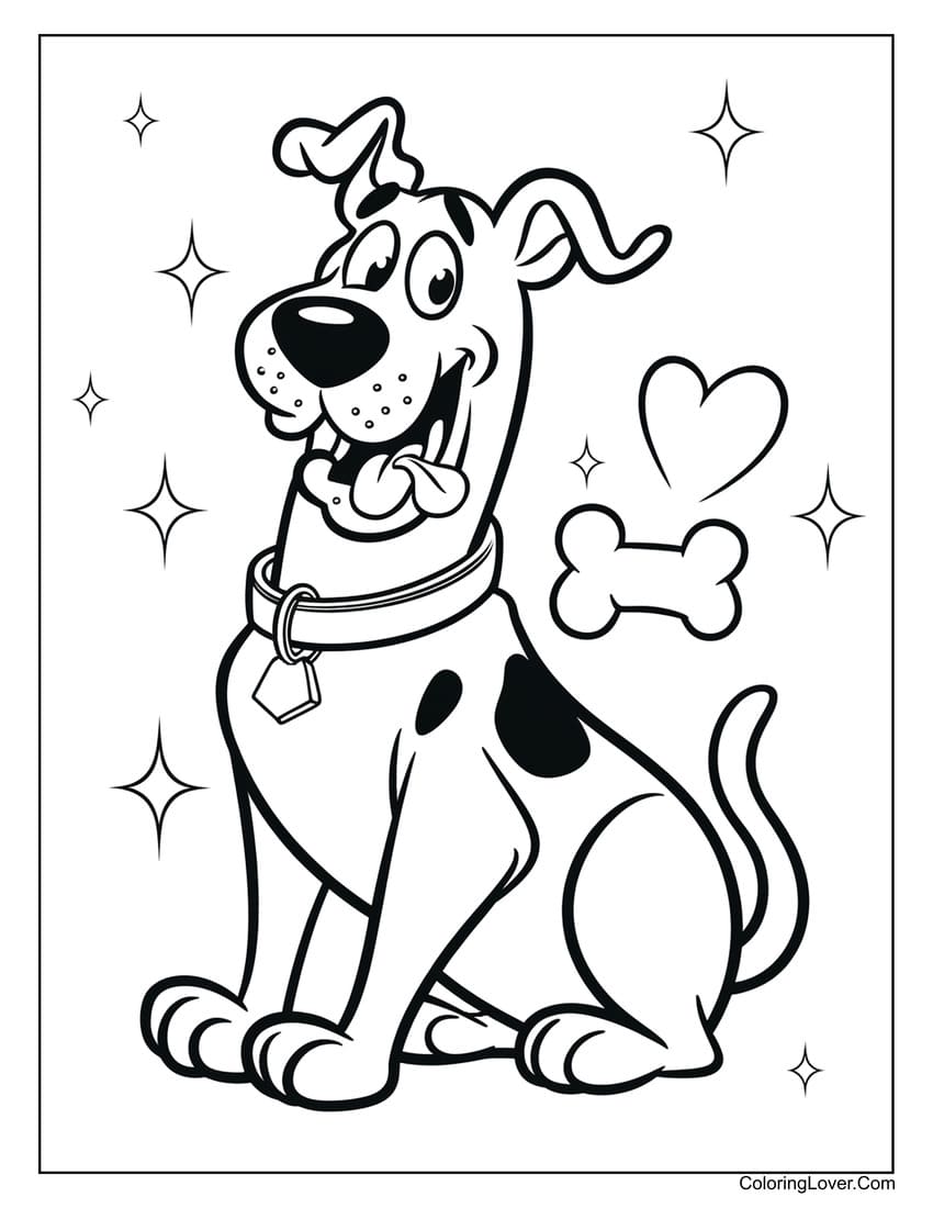 Smiling Scooby-Doo with a bone coloring page