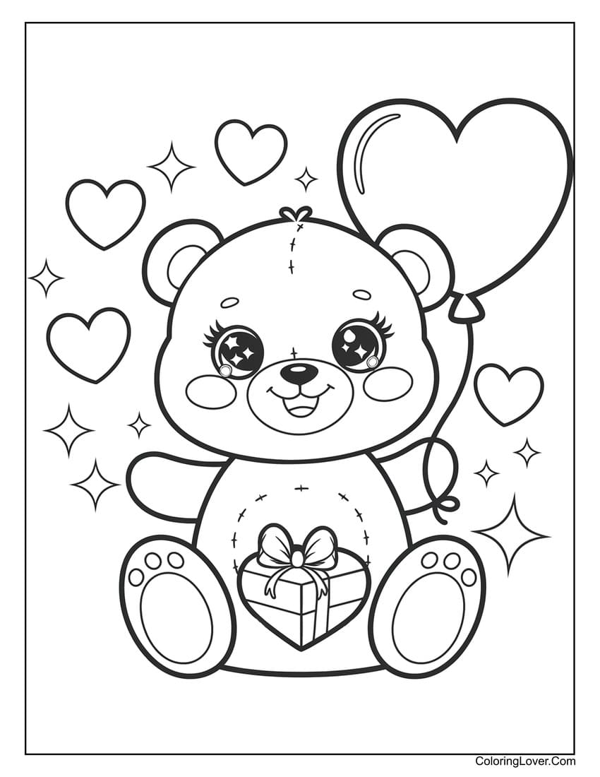 Smiling teddy bear with heart balloon coloring page