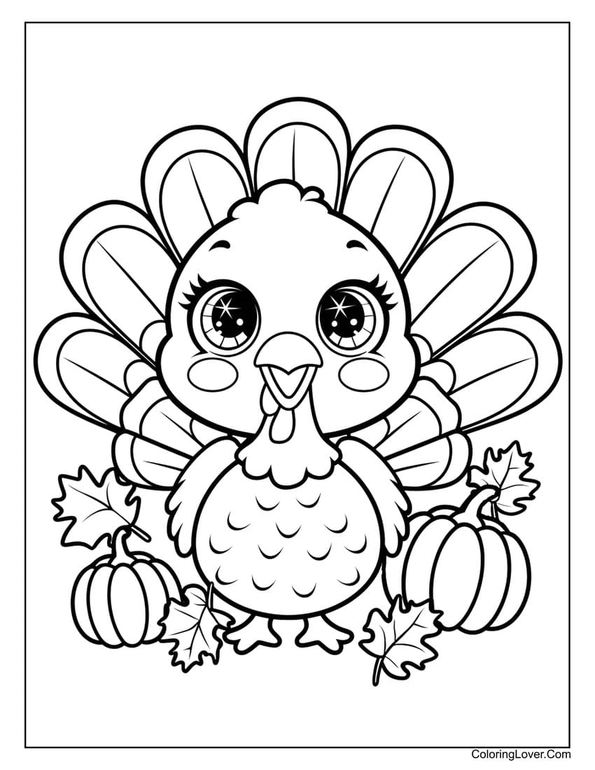 Smiling turkey with pumpkins Thanksgiving coloring page