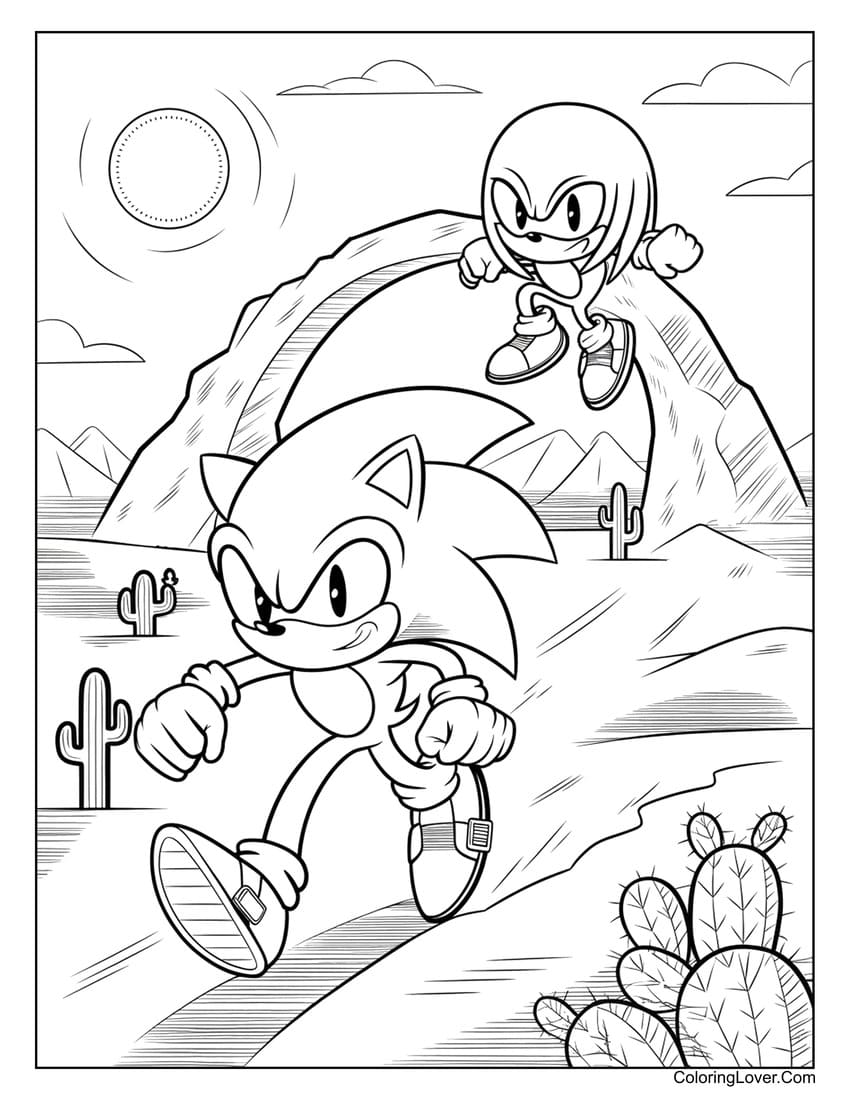 Sonic and Knuckles running in a desert scene coloring page