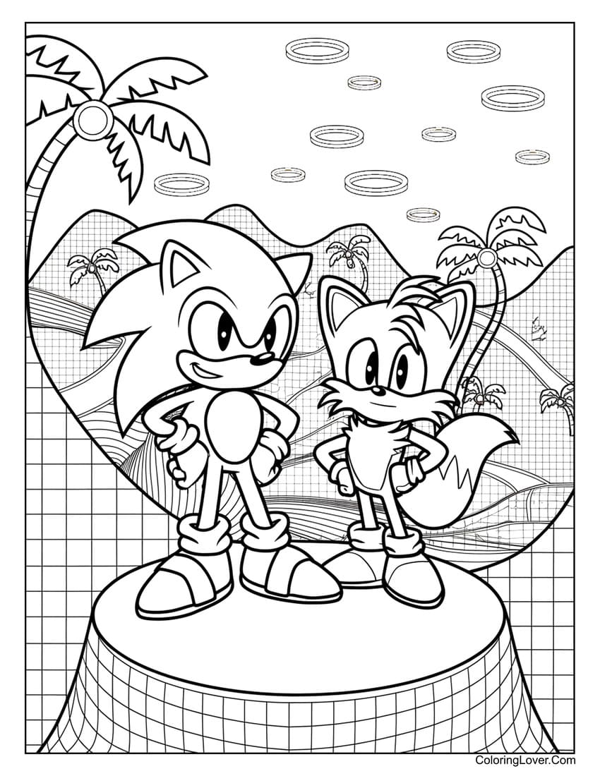 Sonic and Tails in a tropical scene coloring page for kids