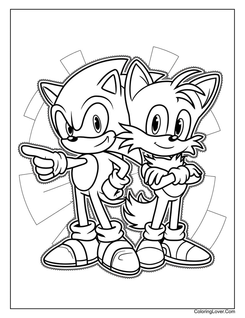 Sonic and Tails posing together coloring page for kids