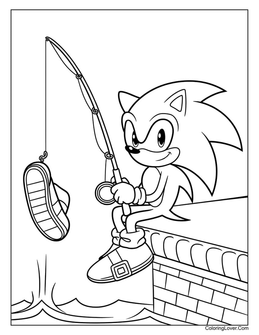 Sonic fishing with a playful smile coloring page