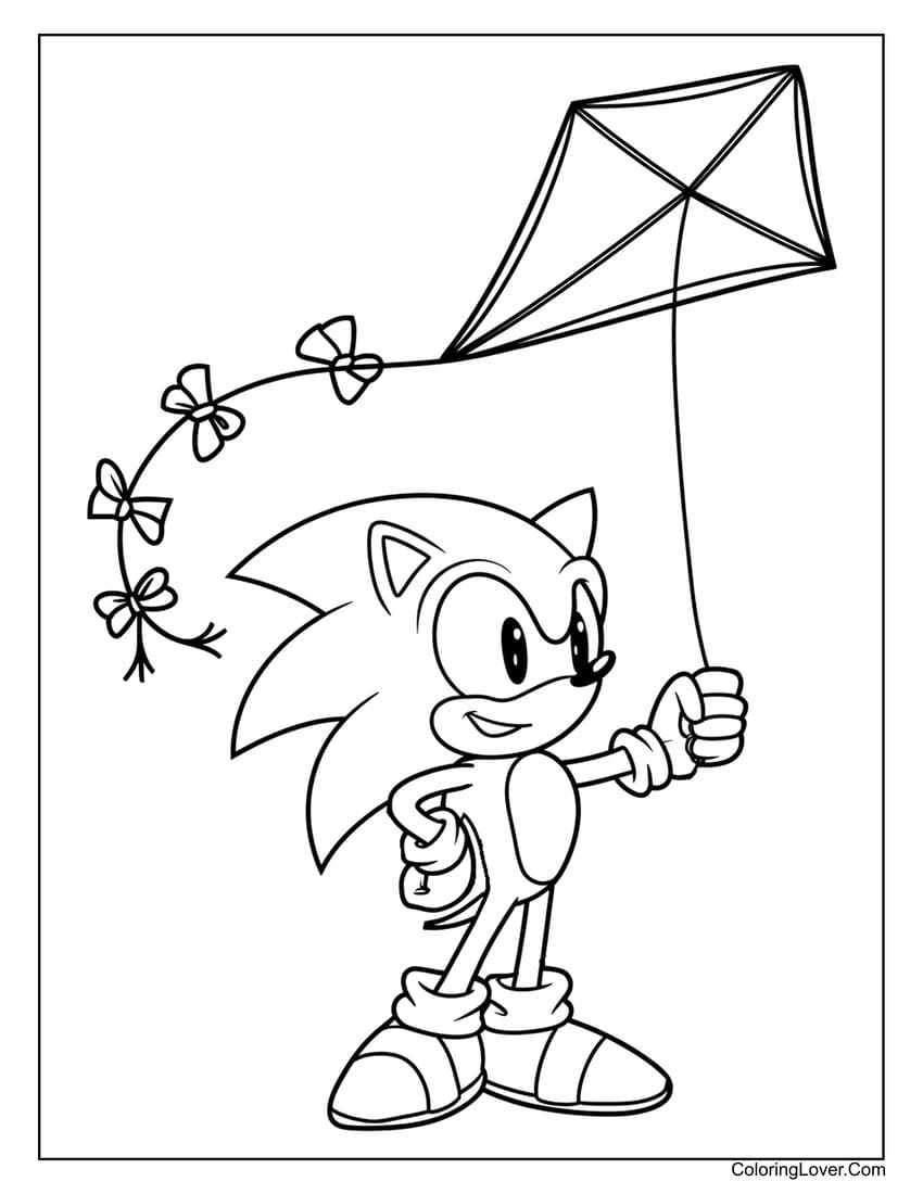 Sonic flying a kite with bows coloring page for kids