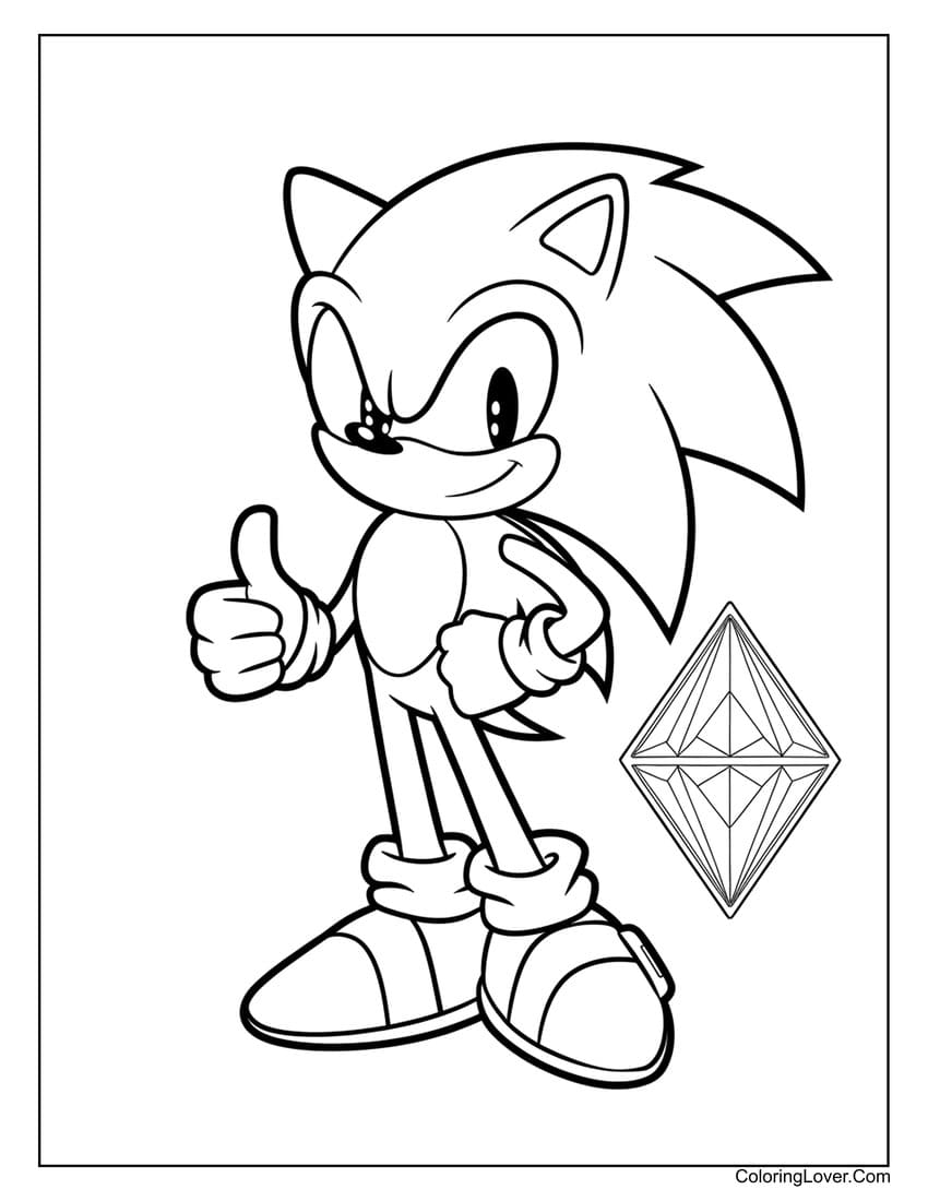 Sonic giving thumbs-up with a gem coloring page for kids