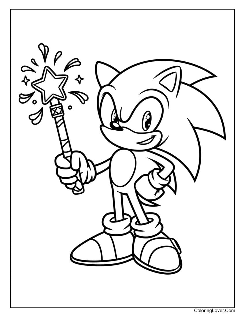 Sonic holding a magic wand coloring page