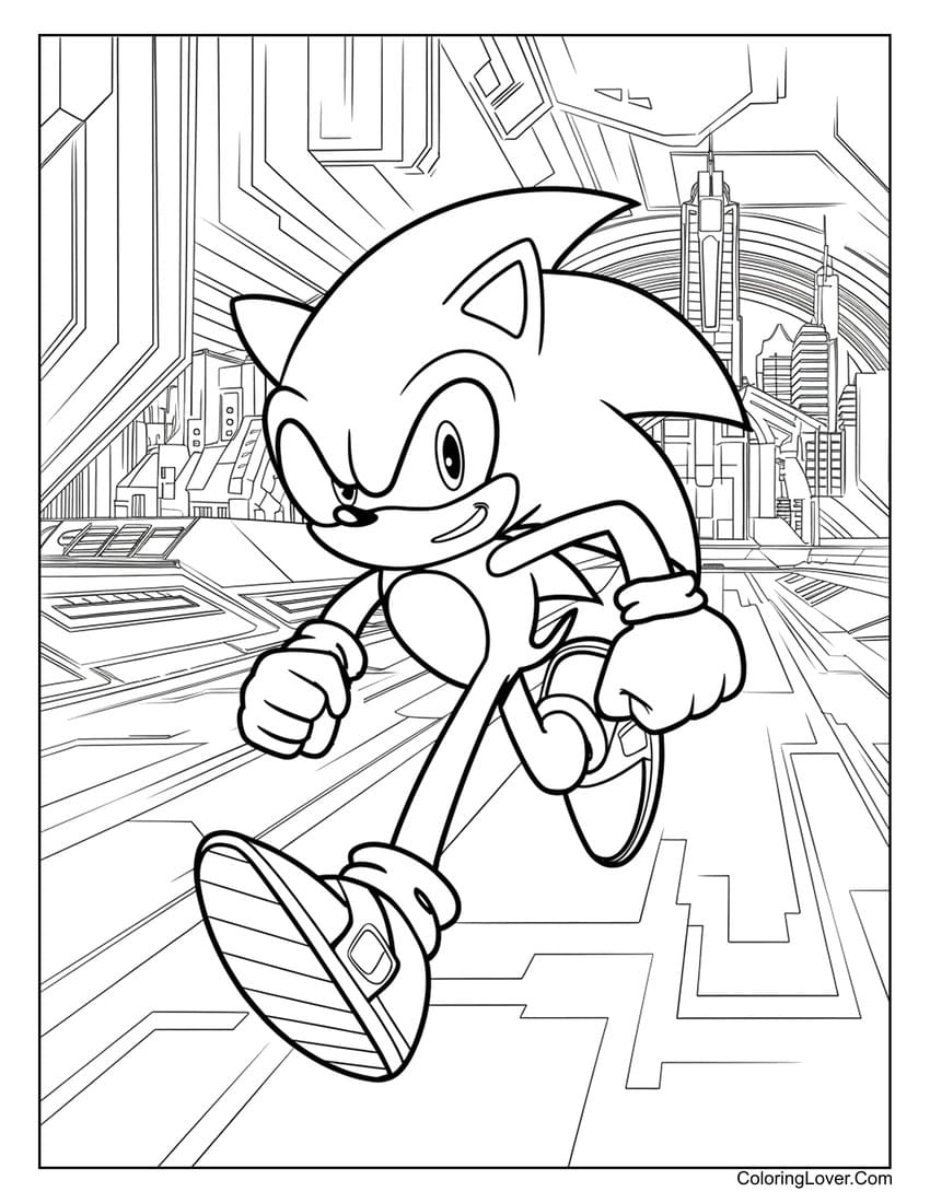 Sonic in a futuristic city coloring page