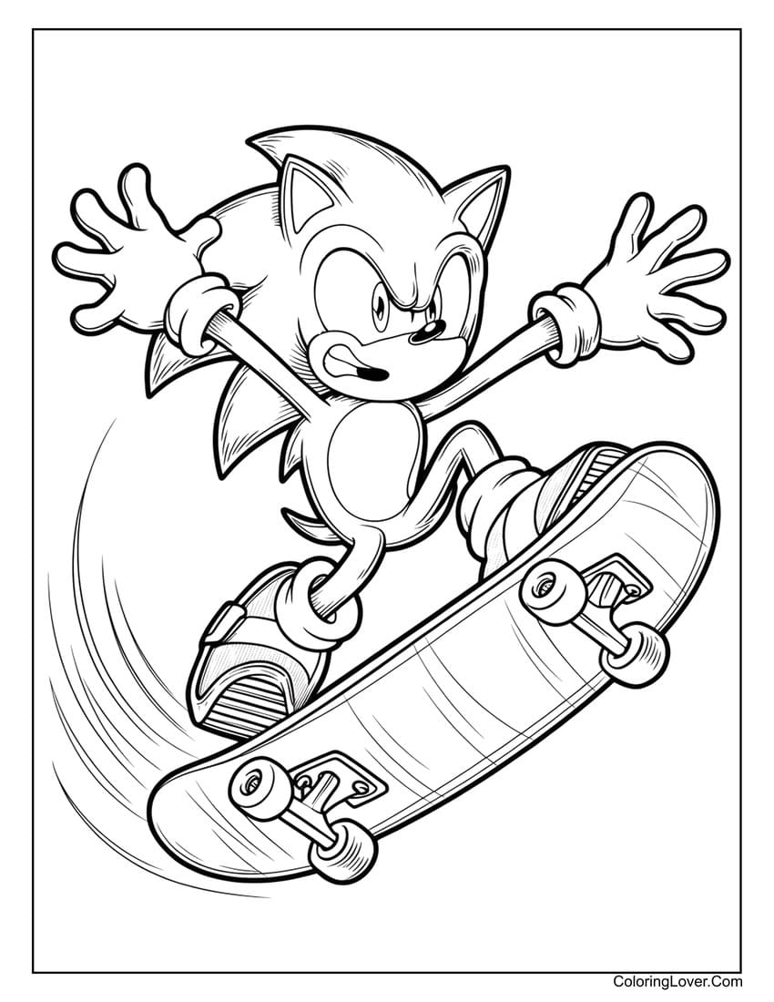 Sonic performing a skateboard trick coloring page