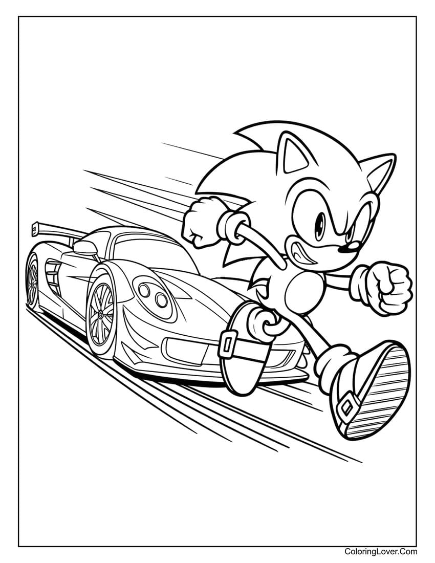 Sonic racing against a fast car coloring sheet