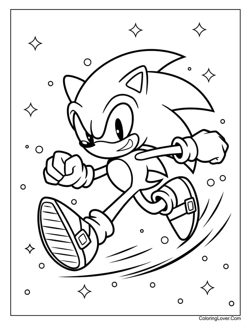 Sonic running through a starry background coloring page