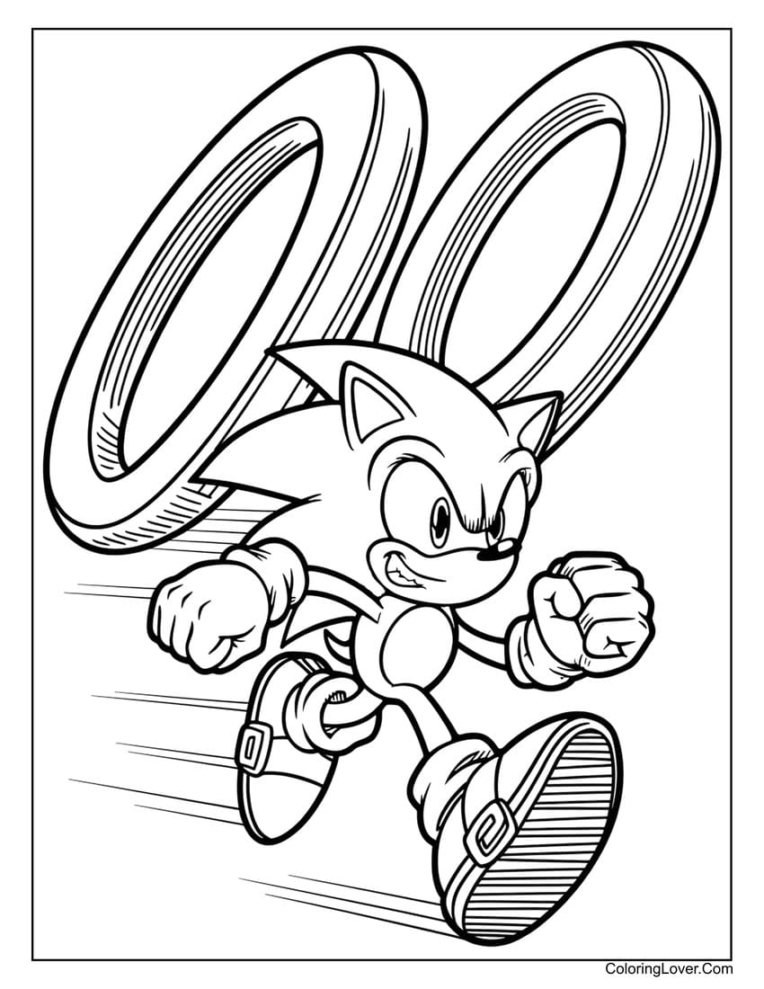 Sonic running with giant rings coloring sheet