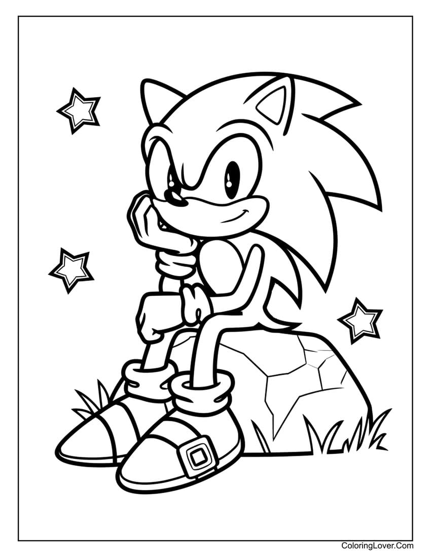 Sonic sitting on a rock with stars coloring page for kids