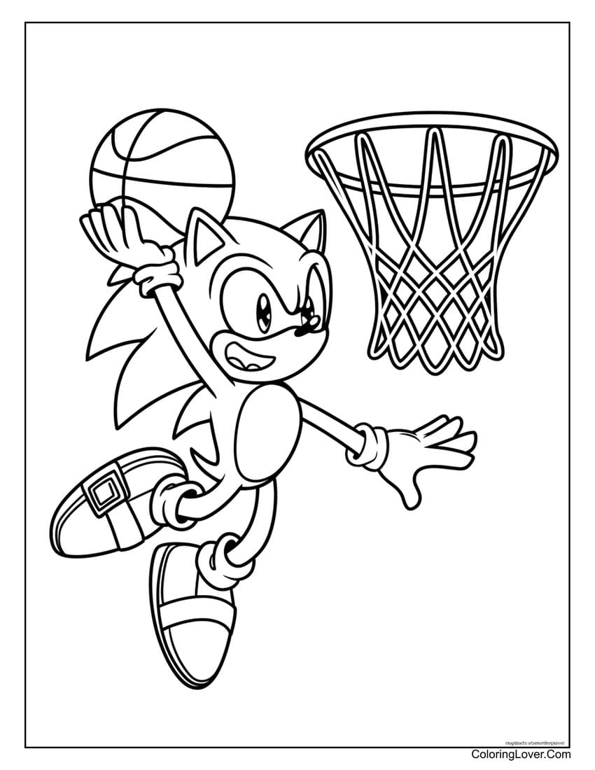 Sonic slam dunking a basketball coloring sheet