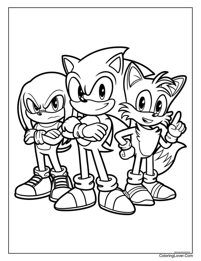 Sonic, Tails, and Knuckles standing strong coloring sheet