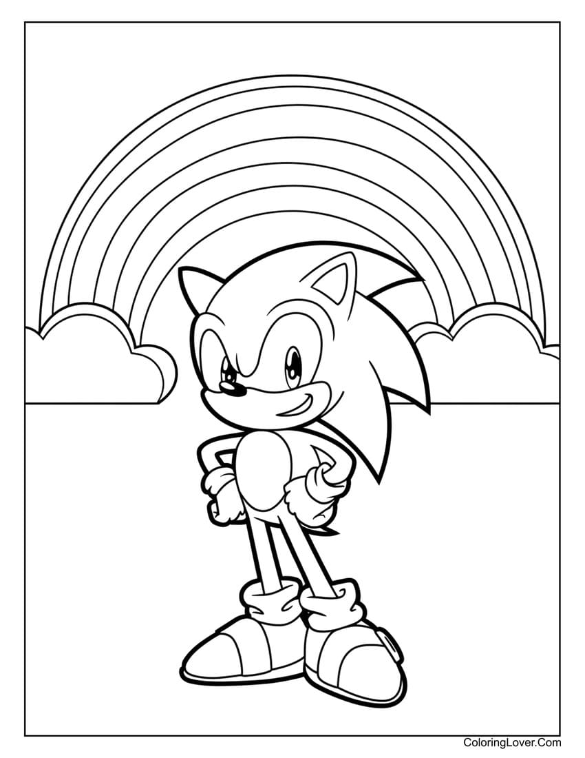 Sonic under a rainbow coloring page for kids