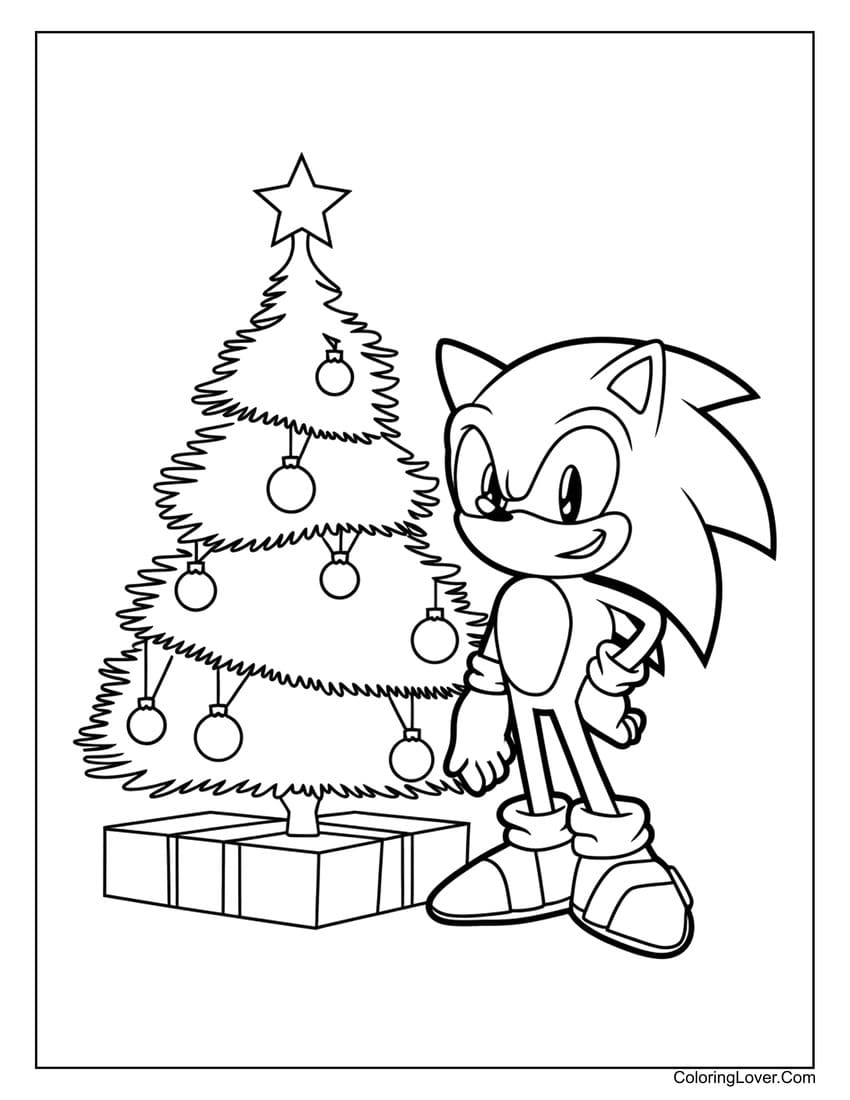 Sonic with a Christmas tree coloring page