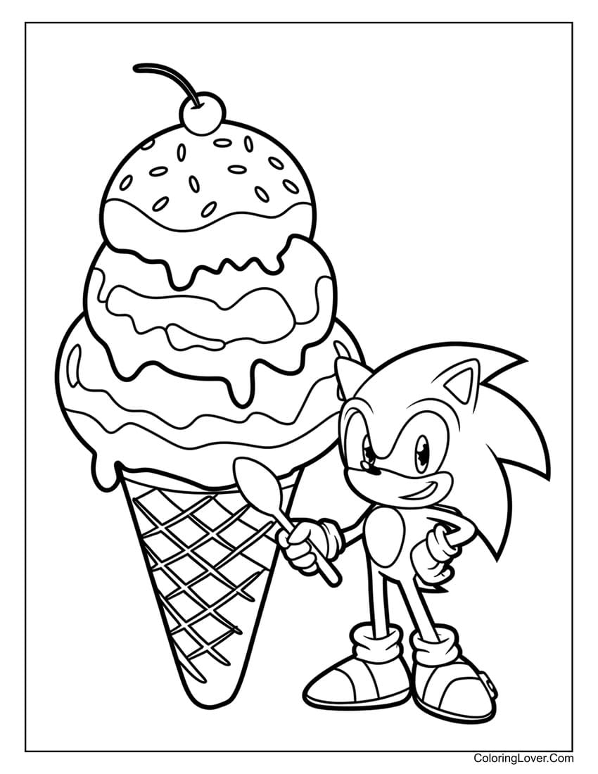 Sonic with a giant ice cream cone coloring page for kids