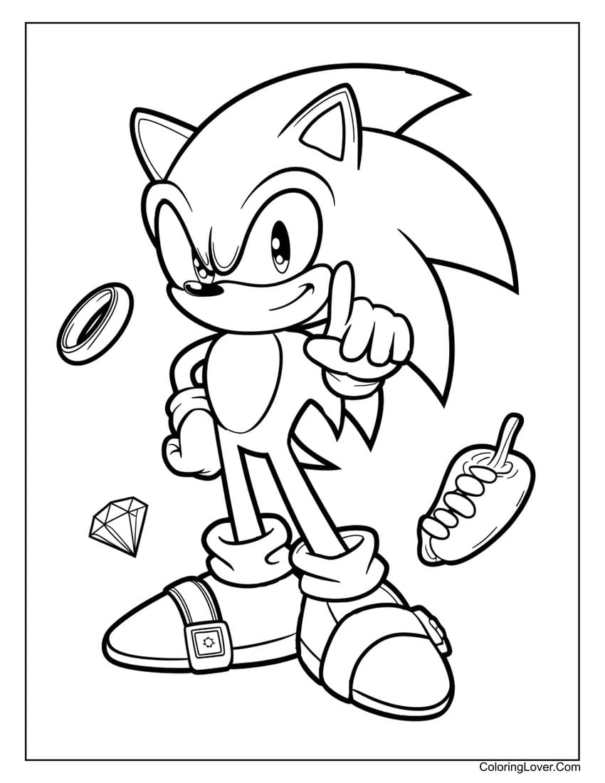 Sonic with rings and chili dog coloring sheet