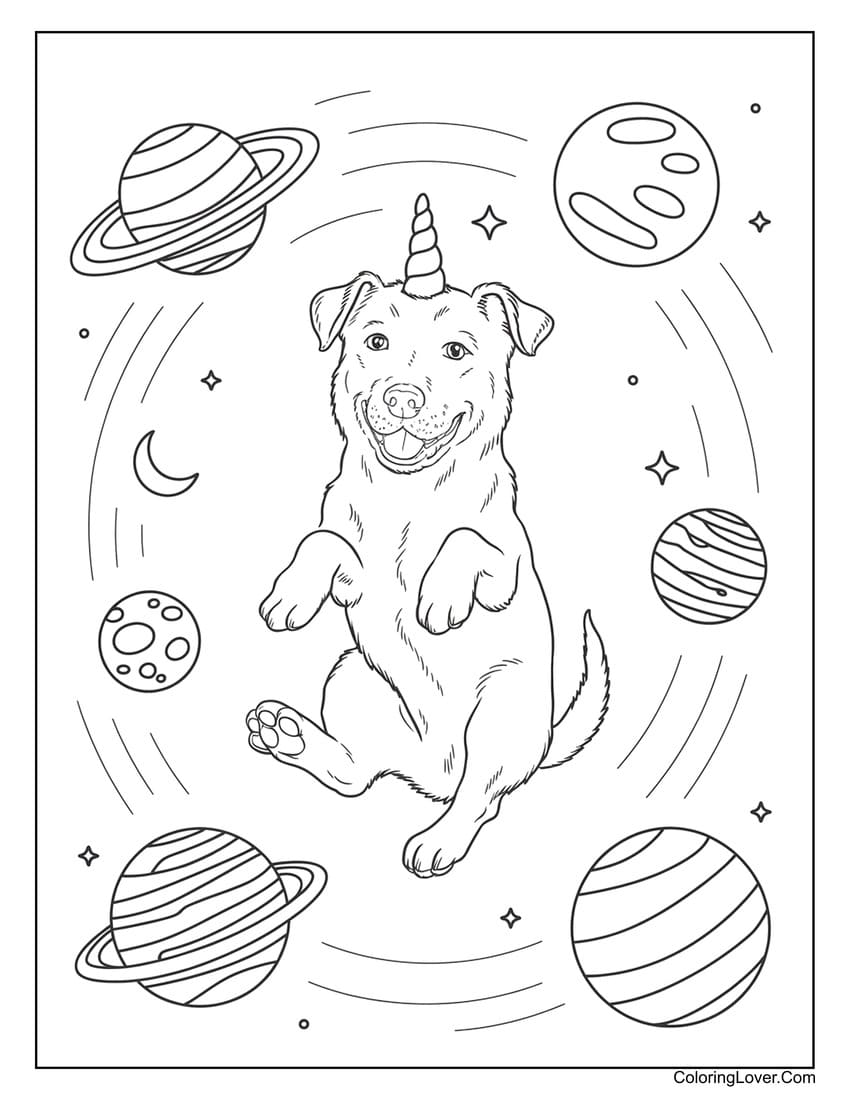 Space dog with unicorn horn coloring sheet for kids