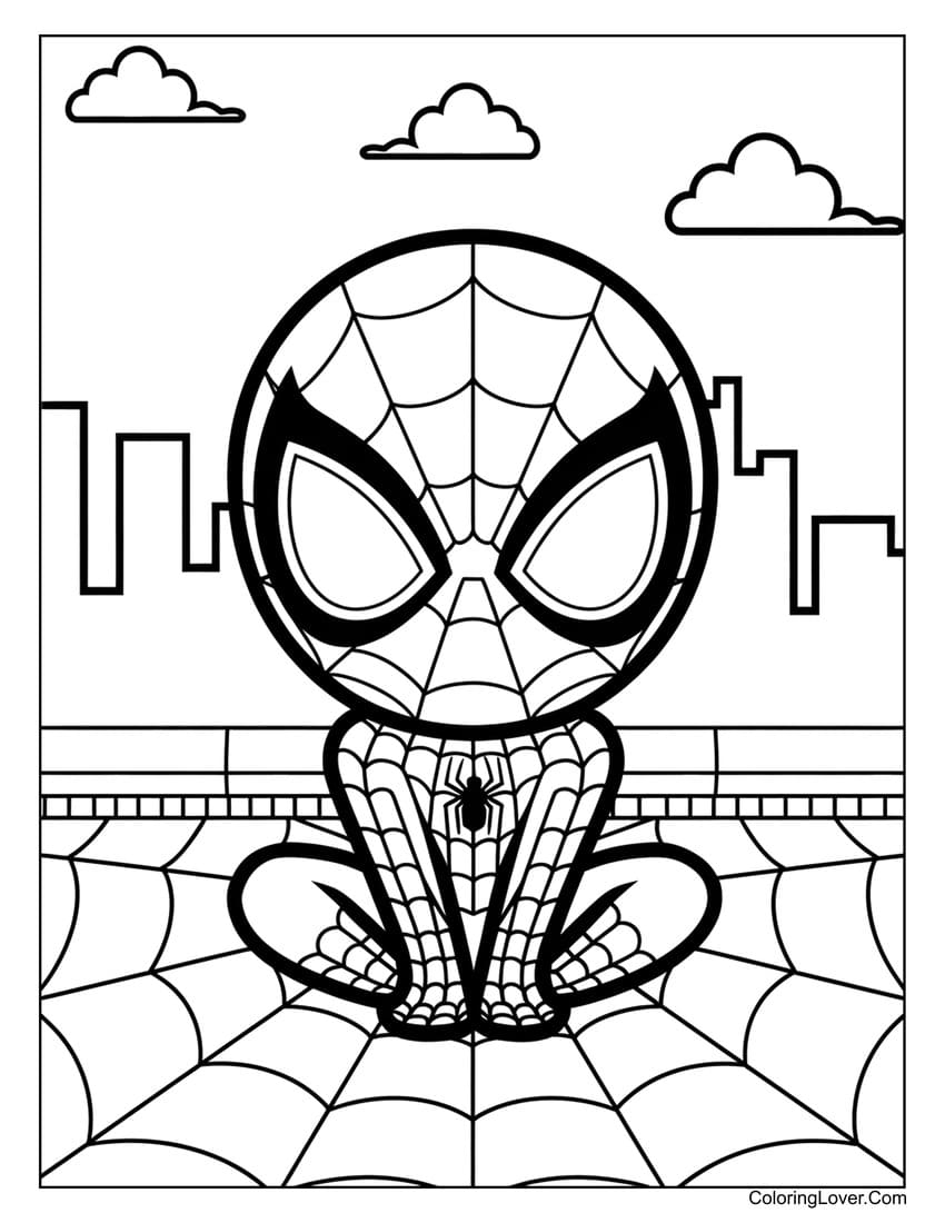 Spider-Man sitting on web coloring page for kids