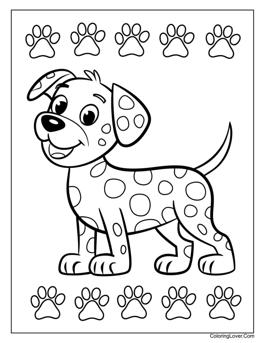 Spotted dog coloring page with paw prints