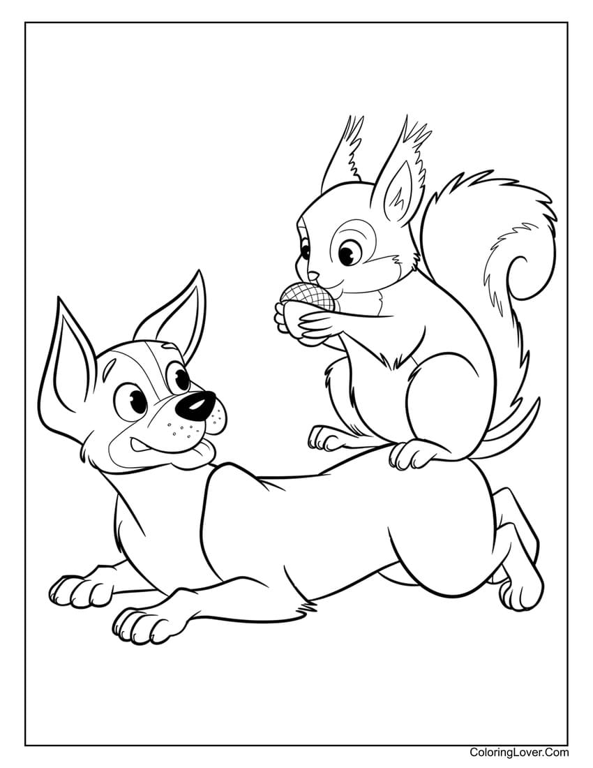 Squirrel and dog playful coloring page