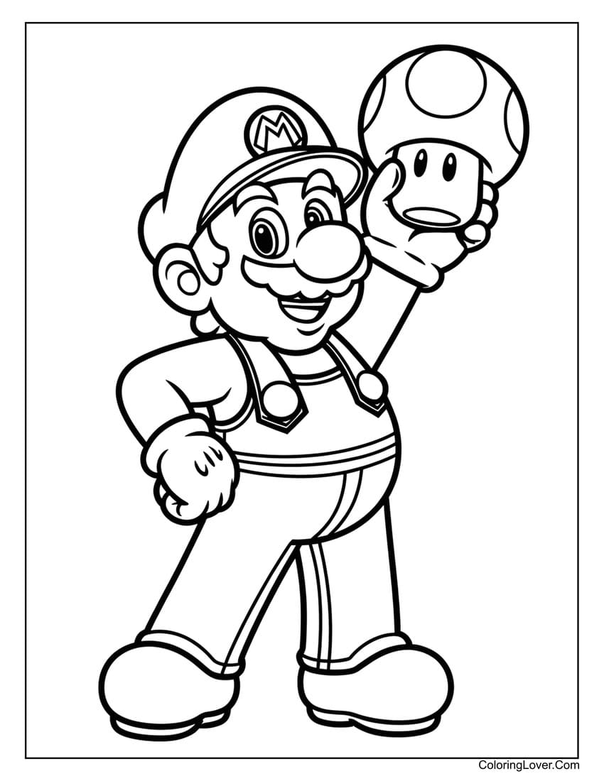 Super Mario holding mushroom coloring page