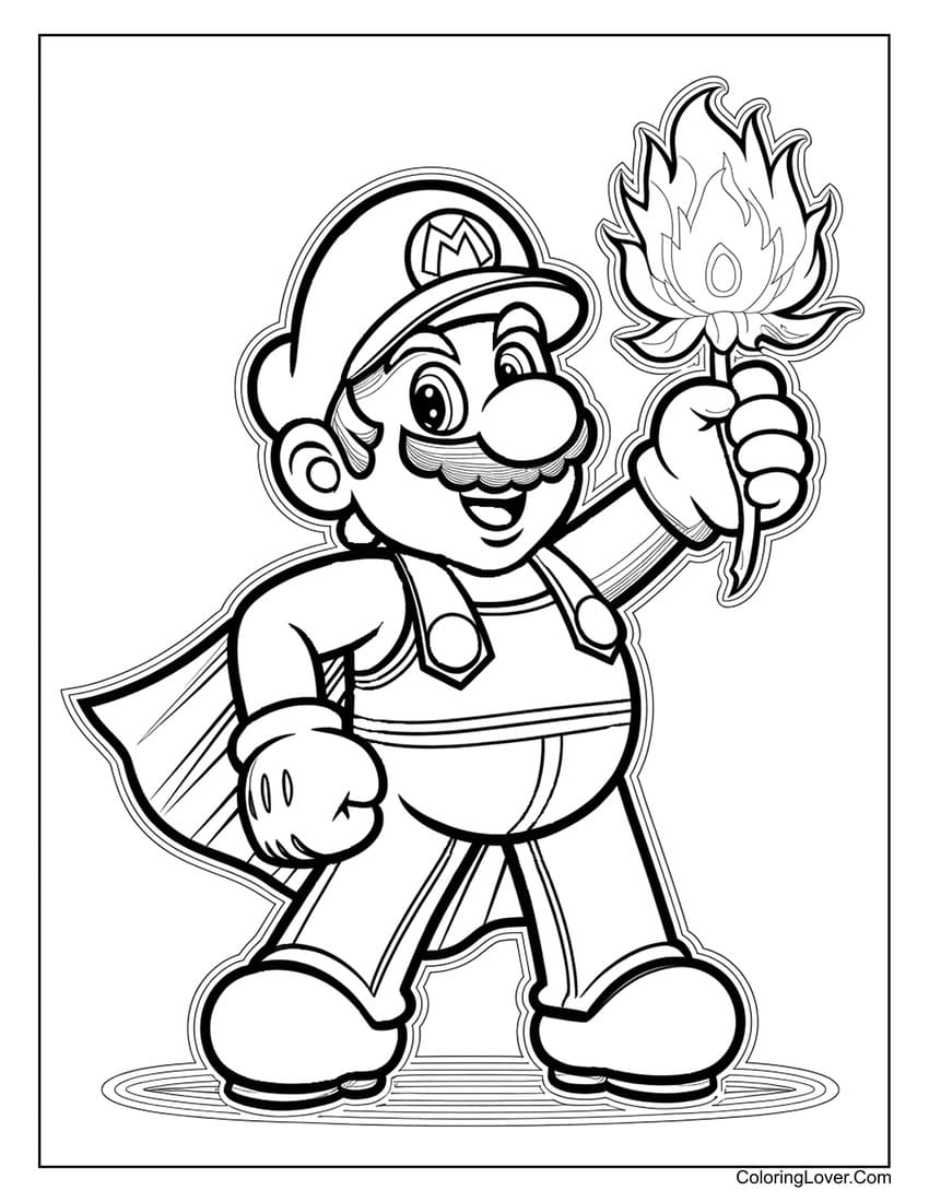 Super Mario with fire flower coloring page