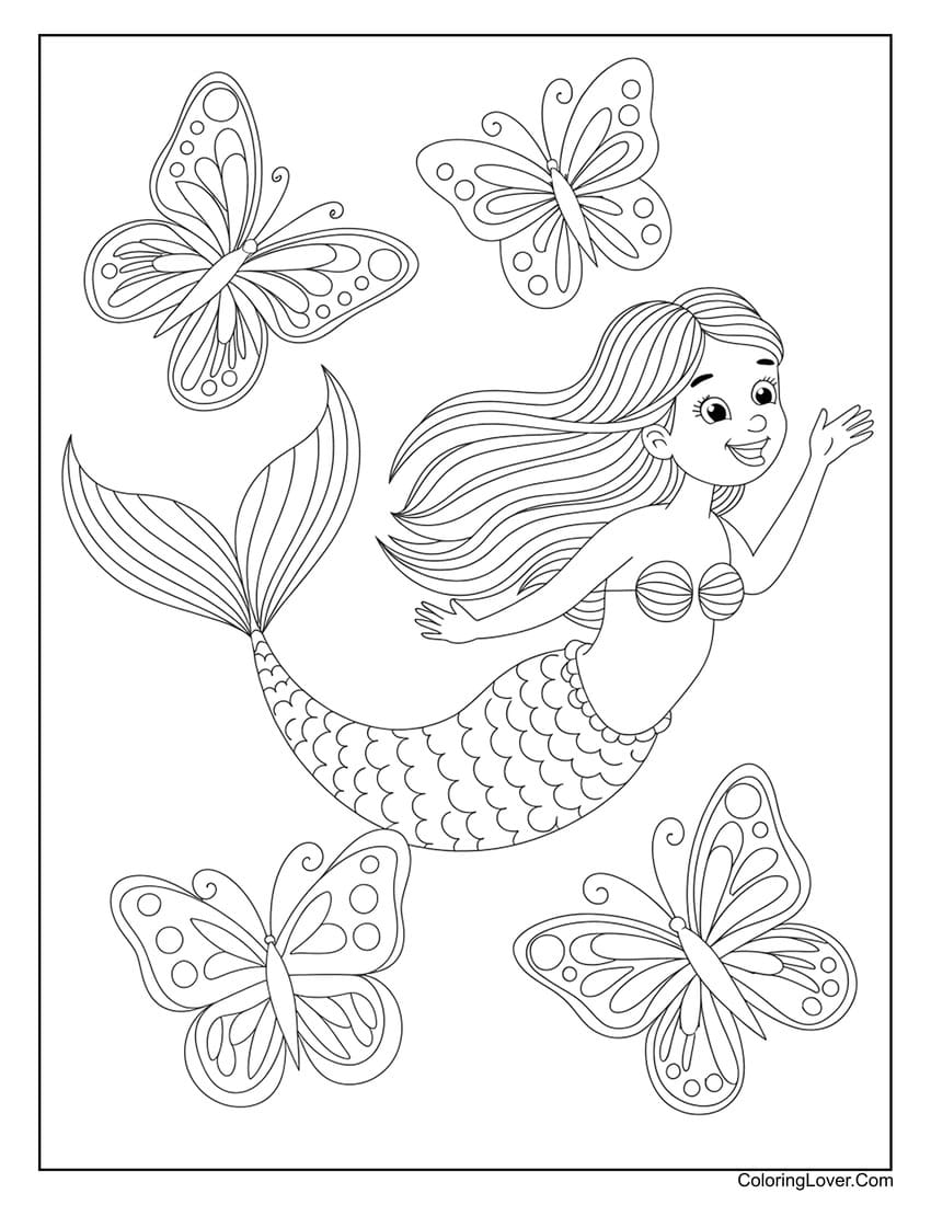 Swimming mermaid with butterflies coloring page