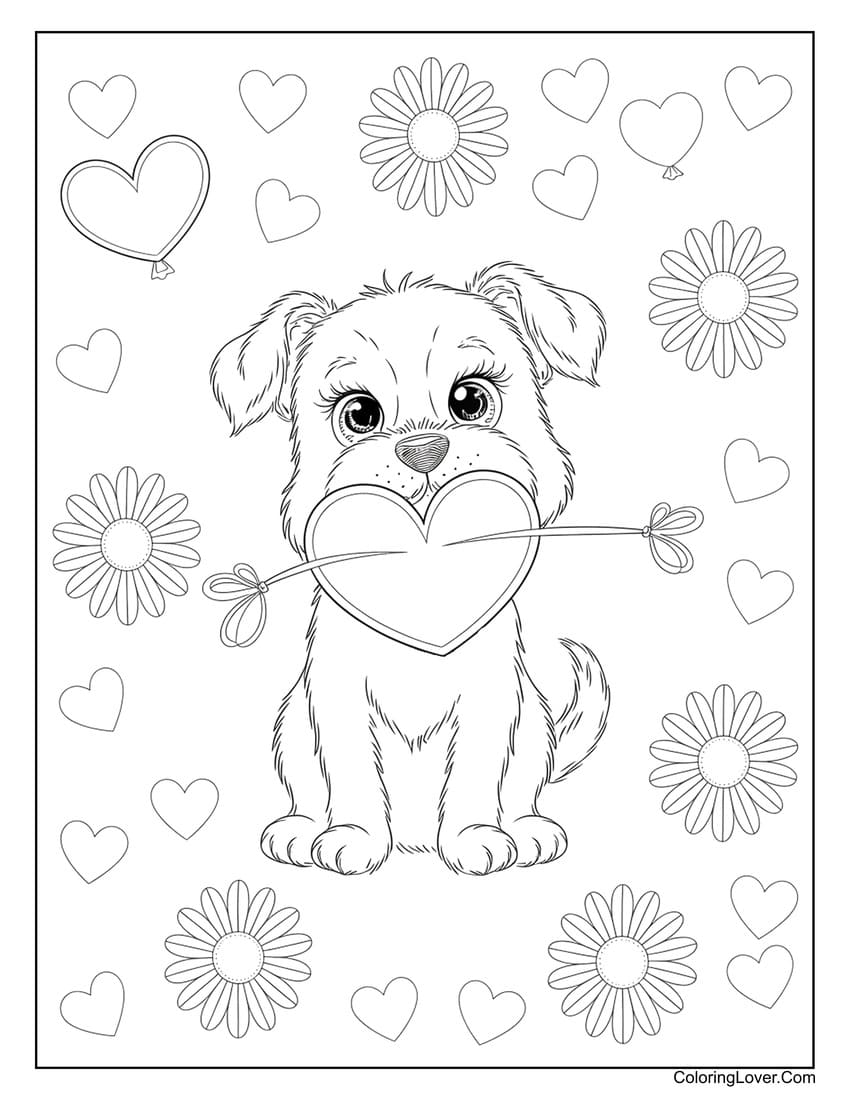 Valentine’s Day puppy with heart and flowers coloring page