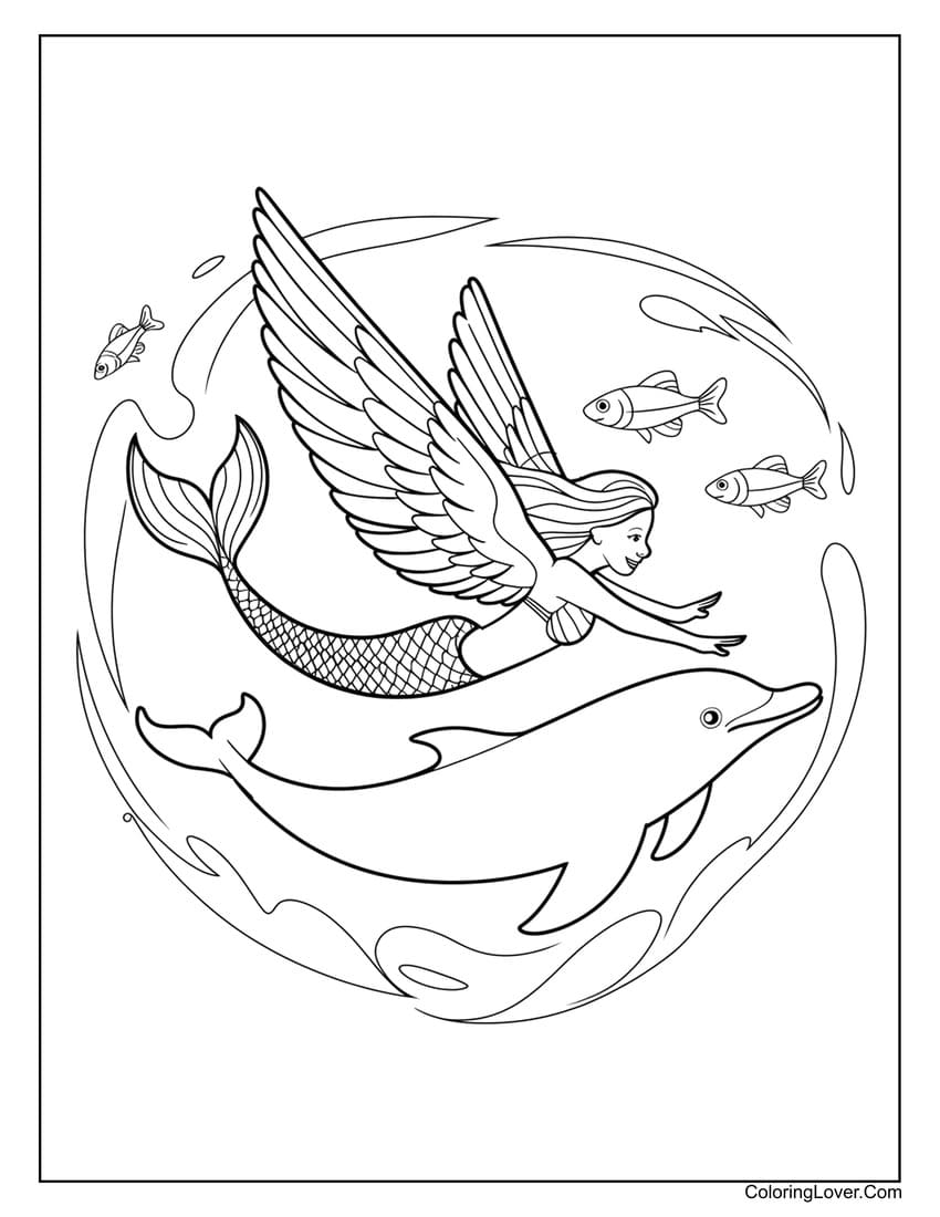 Winged mermaid swimming with dolphin coloring page