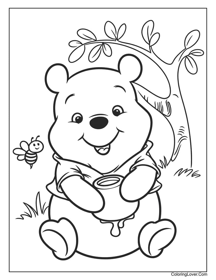 Winnie the Pooh holding honey pot coloring page