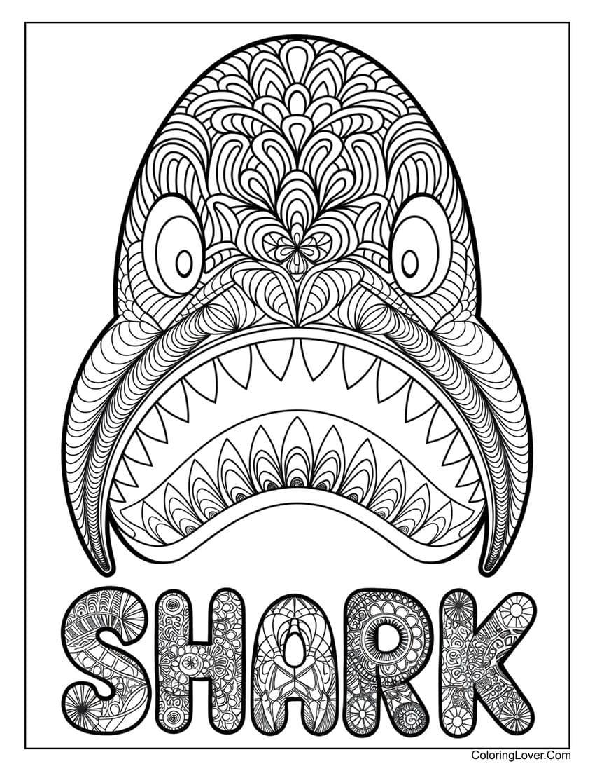 Mandala shark coloring page with detailed patterns