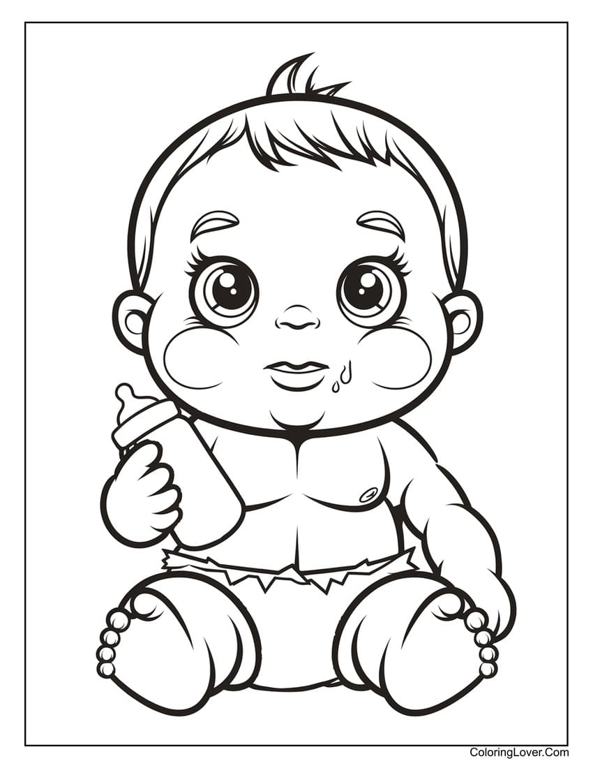 Adorable baby Hulk holding a bottle coloring sheet