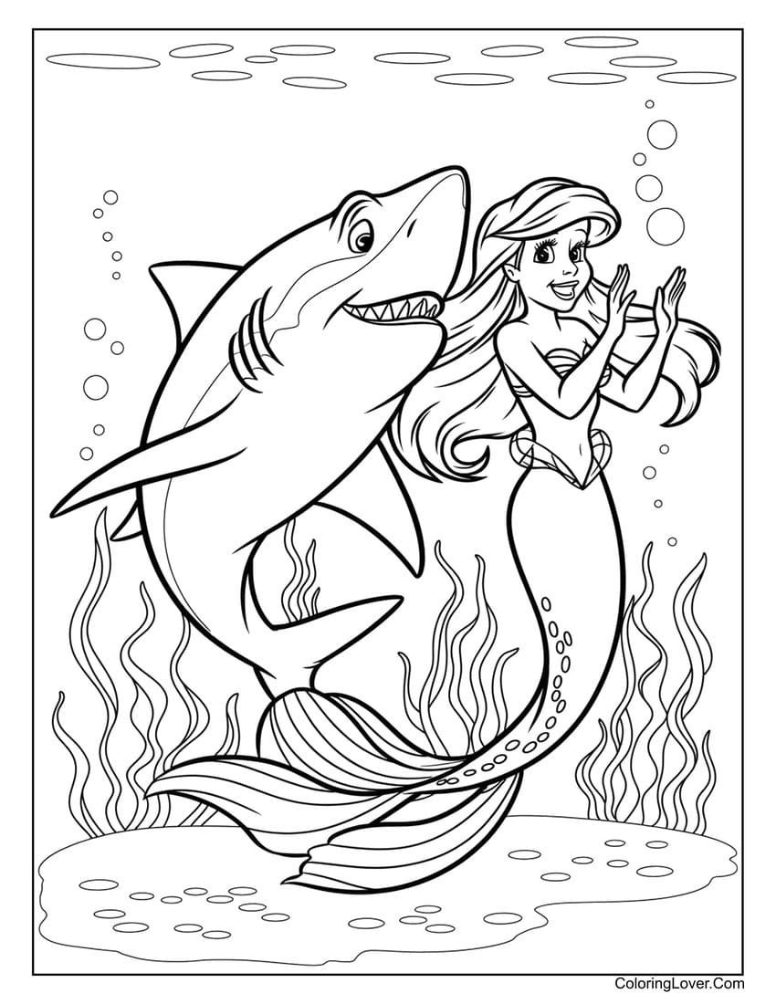 Ariel the Little Mermaid with Friendly Shark Coloring Page