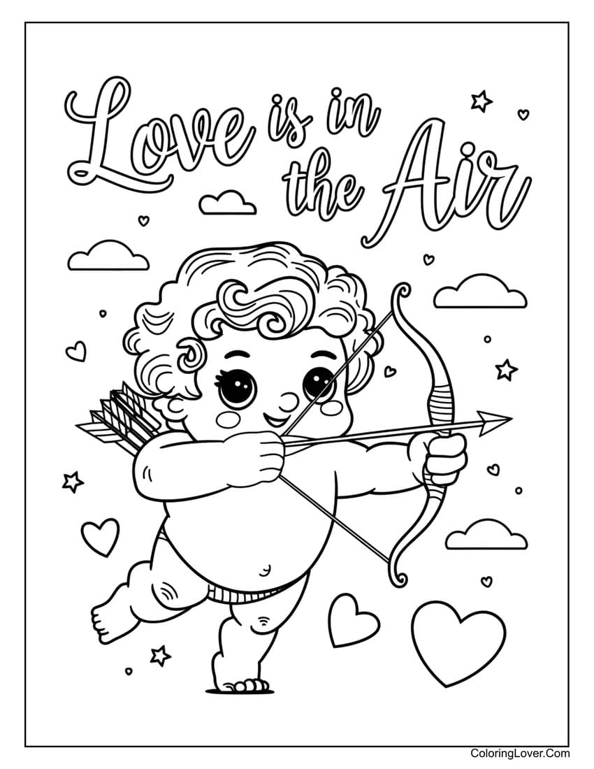 Baby cupid aiming arrow Valentine’s Day coloring sheet