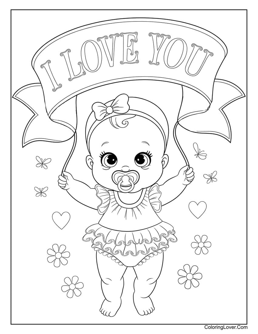 Baby holding I Love You banner Valentine coloring sheet